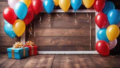 Add joy to your memories with our festive photo frame mockup. Colorful balloons, confetti on wooden background, ready for your photos - obrazy, fototapety, plakaty