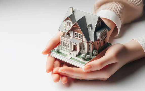 A photograph of a girl's hand holding a house model in her palm on a white background. Concept of buying a house, bank loan