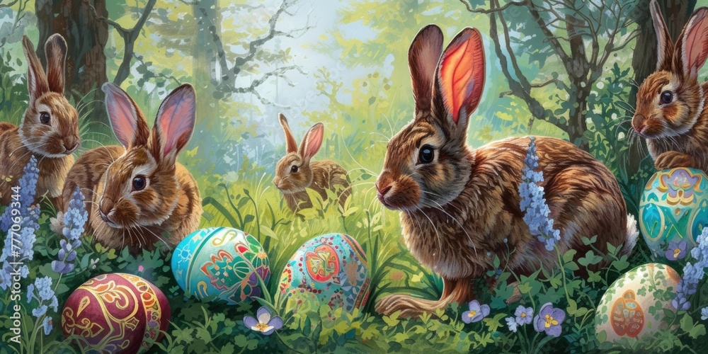 Wall mural A rabbit, possibly a Mountain Cottontail or Audubons Cottontail, is nestled in the grass among Easter eggs, resembling a scene from a painting AIG42E - Wall murals