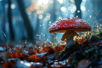 Beautiful big fly agaric in the autumn cloudy forest. Generated by artificial intelligence - obrazy, fototapety, plakaty