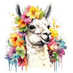 Obraz premium Image of a llama head with colorful tropical flowers on white background. Mammals. Wildlife Animals.