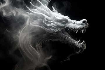 Abstract of dragon head have smoke and fog on black background. Mythical creatures, Ancient animals, Illustration, Generative AI.