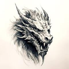 Sketch Dragon Head Illustration. A fierce and majestic black dragon head, intricately designed with tribal elements, Mythical creatures. Ancient animals. Illustration, Generative AI.