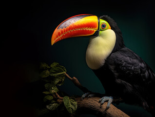Image of a toucan on a branch in the forest. Birds. Animals. Illustration, Generative AI.
