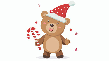 Cartoon funny baby bear holding Christmas candy flat vector