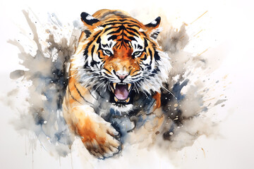Watercolor painting of tiger on a clean background. Wildlife Animals. Illustration, Generative AI.