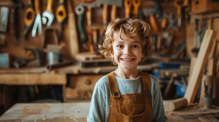 A cheerful young child in a workshop, wearing an apron, surrounded by tools and wood, embodying joy and creativity. - obrazy, fototapety, plakaty