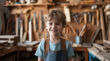 Fototapeta premium A smiling child in an apron stands in a woodworking shop with an array of tools hanging in the background.