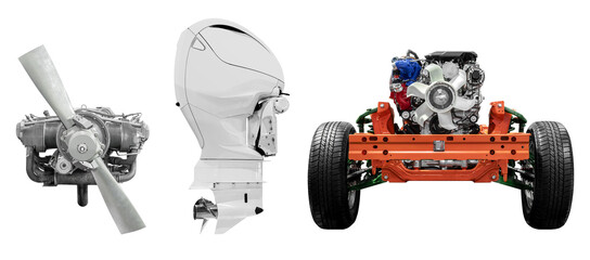 Propeller airplane engine white outboard engine and truck engine with chassis