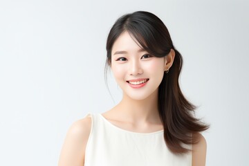Fototapeta premium a Japanese woman's radiant smile in a meticulously crafted stock photo, embodying the epitome of professionalism. She is wearing white - pink pastel color on white background.