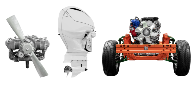 Propeller airplane engine white outboard engine and truck engine with chassis