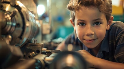 A young boy with curly hair smiling at the camera while leaning on a lathe in a workshop setting.