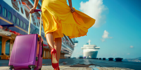 Rich, posh, fashionable woman wearing trendy clothes with vibrant suitcase and colorful heels boards a cruise ship for a sunny vacation, low angle view - obrazy, fototapety, plakaty