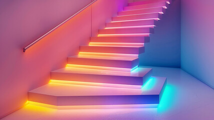 : A contemporary staircase with LED strip lighting casting vibrant colors along each step.