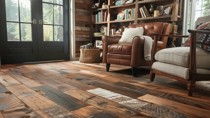 A cozy armchair is nestled in the corner surrounded by a floortoceiling bookshelf made of reclaimed wood. The array of books and decorative accents add to the rustic charm of the room .