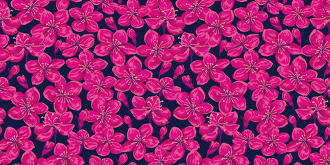 Colorful blossoms wild meadow floral seamless pattern on a dark background. Vector hand drawn. Blooming maroon field. Abstract artistic flowers and buds printing. Template for designs, fabric