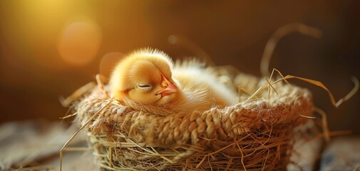 Naklejka na ściany i meble Nature's Tender Gift A Baby Bird Resting in a Woven Nest Generative AI