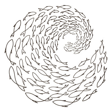 Whirlwind of fish. The fish swims in a circle, in a spiral, one line drawing. Fish in the sea image. Cycle of fish in the ocean. Vector digital illustration. Minimalist line print. Modern wall art.