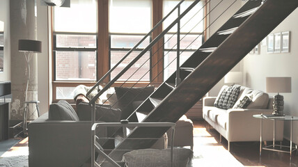 : A minimalist staircase with sleek metal railings leading up to a modern loft.