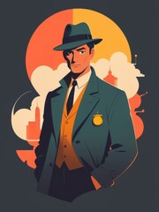 In a sleek flat illustration, a determined detective meticulously unravels intricate mysteries.
