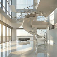 : A modern spiral staircase with sleek metal railings, ascending through a minimalist atrium bathed in natural light. - obrazy, fototapety, plakaty