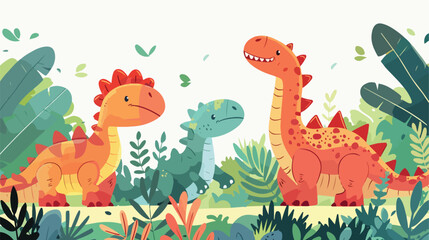 Cartoon happy dinosaurs living in the jungle flat vector