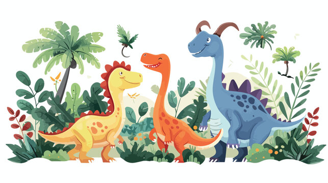 Cartoon happy dinosaurs living in the jungle flat vector