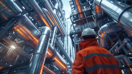 Fototapeta premium close-up of industrial pipes of oil refinery, back of engineer, technician, reading drawing, drawing, industrial engineering, blueprint, industrial background.