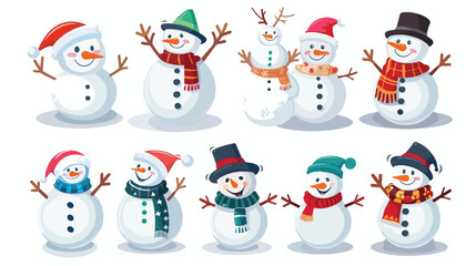 Cartoon happy snowman collection set flat vector isolated