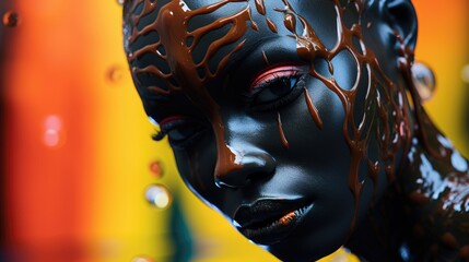 Surreal Beauty in Chocolate Drizzle, Close-up of a surreal figure, skin glistening with a chocolate-like coating, against a colorful, abstract backdrop