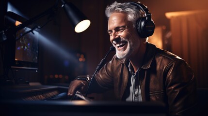 Joy in Music Creation, exuberant musician is lost in a moment of bliss, headphones on, as he plays the piano in a warmly lit studio, his laughter echoing the joy of creation