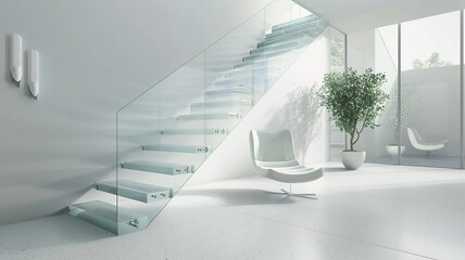 : A modern staircase with floating steps and glass balustrades in a minimalist home.