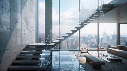 : A modern staircase with glass railings overlooking a bustling cityscape below.