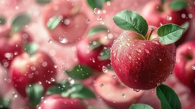 Red apples with water drops on dark wet background