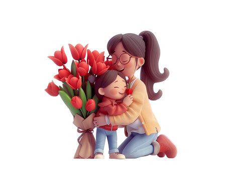 recommend clip art: Cute kawaii excited asian smiling child girl hugs young mom, sister gives a bouquet of red tulips with love, support, care, congratulates on holiday. Happy Mother's day. 3d render isolated transparent