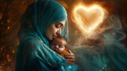 A Muslim woman in hijab is holding a baby in her arms. The baby is sleeping. The image has a warm and comforting mood, conveying the idea of a loving mother and child bond