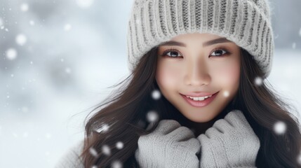 Winter Wonderland Bliss, young woman, adorned in winter attire, exudes a serene beauty against a backdrop of softly falling snow