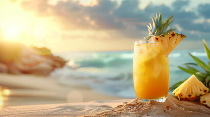 Pineapple juice on sandy beach with sea view. Refreshing cold tropical fruit punch drink. Cold refreshing summer, Background for summer vacation and travel.