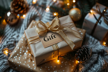 Christmas gift wrapped in brown paper with gold ribbon