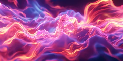 Zelfklevend Fotobehang A mesmerizing 3D render of vivid neon lines creating dynamic waveforms that evoke a sense of energy and movement in a surreal digital landscape © gunzexx