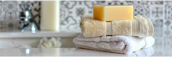 Spa essentials  toiletries, soap, towel on blurred white bathroom spa background