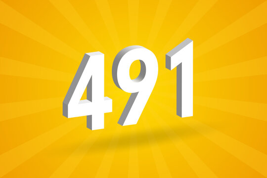 3D 491 number font alphabet. White 3D Number 491 with yellow background