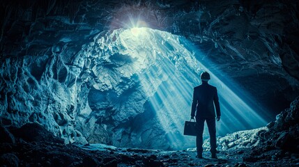 A man in a business suit, helmet on, explores a vast, illuminated cave, briefcase by his side, highlighting the exploration of the unknown - obrazy, fototapety, plakaty