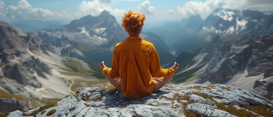 Young man meditating in lotus position high in mountains for mental health. Concept Mental Health, Meditation, Nature, Young Man, Mountain Scenery