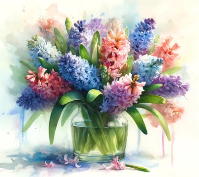 Watercolor Painting of Hyacinths Flowers
