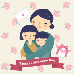 Thanks Mother’s Day、カーネーション柄の背景とお母さんと子供たち
