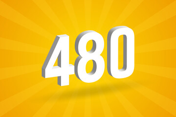 3D 480 number font alphabet. White 3D Number 480 with yellow background