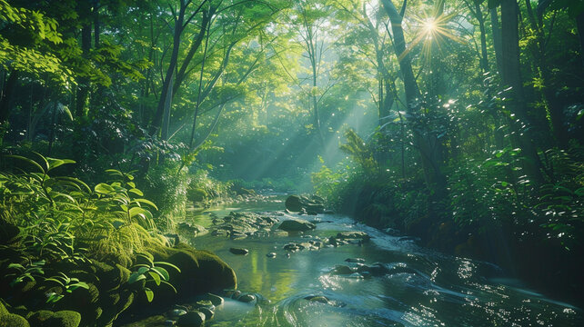 A breathtaking ultra 4k, 8k colorful background featuring a lush forest scene, with vibrant green foliage,
