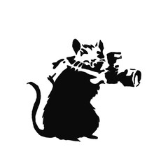 Black and white sketch of a mouse holding a Banksy camera PNG