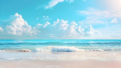 beautiful sandy beach with a clear blue sky and turquoise sea water in the background, sunlight casting soft shadows on the sand.